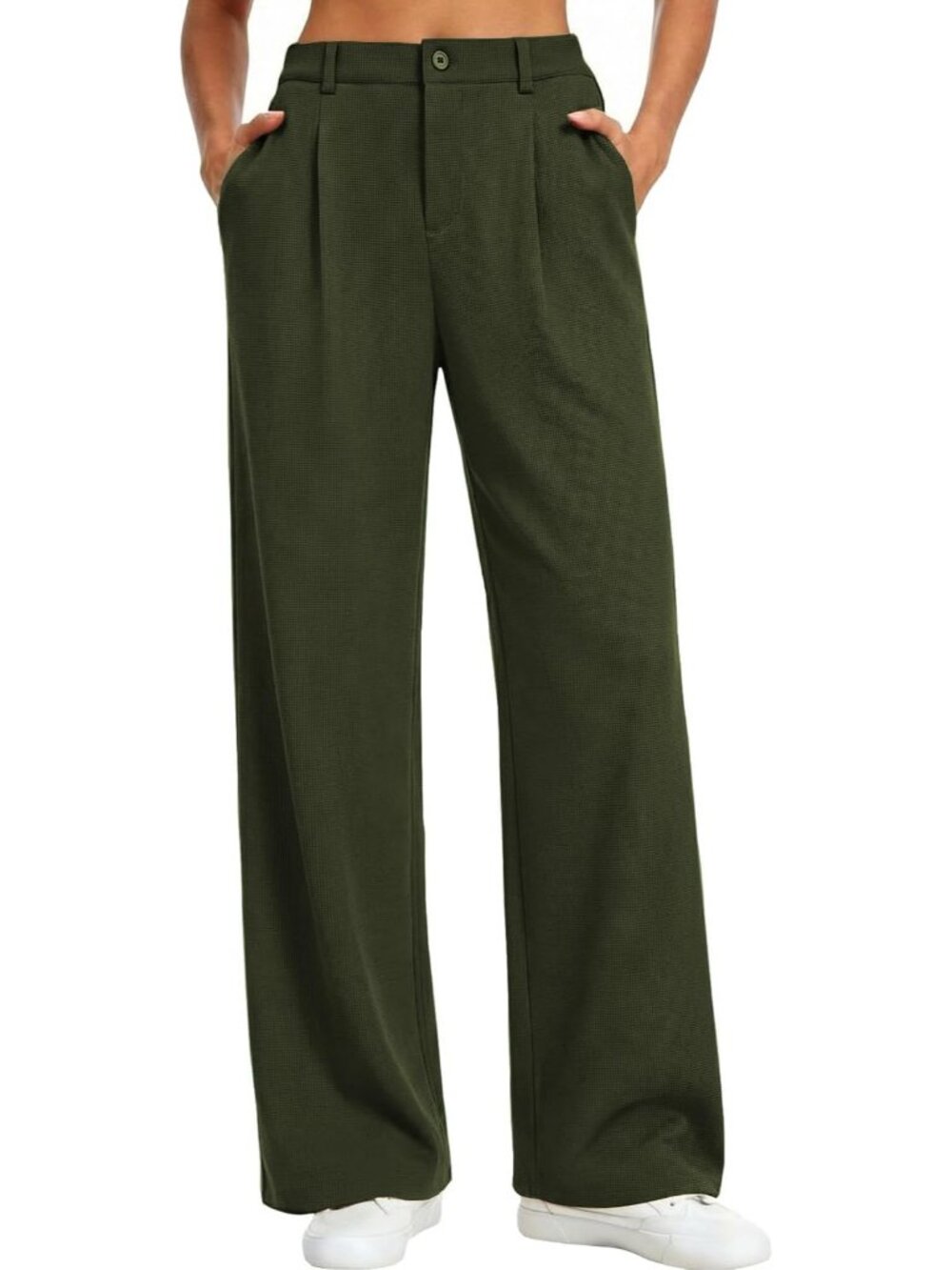 Women's Army Green Wide Leg Pants Stretchy Work Dress Business Casual Trouser